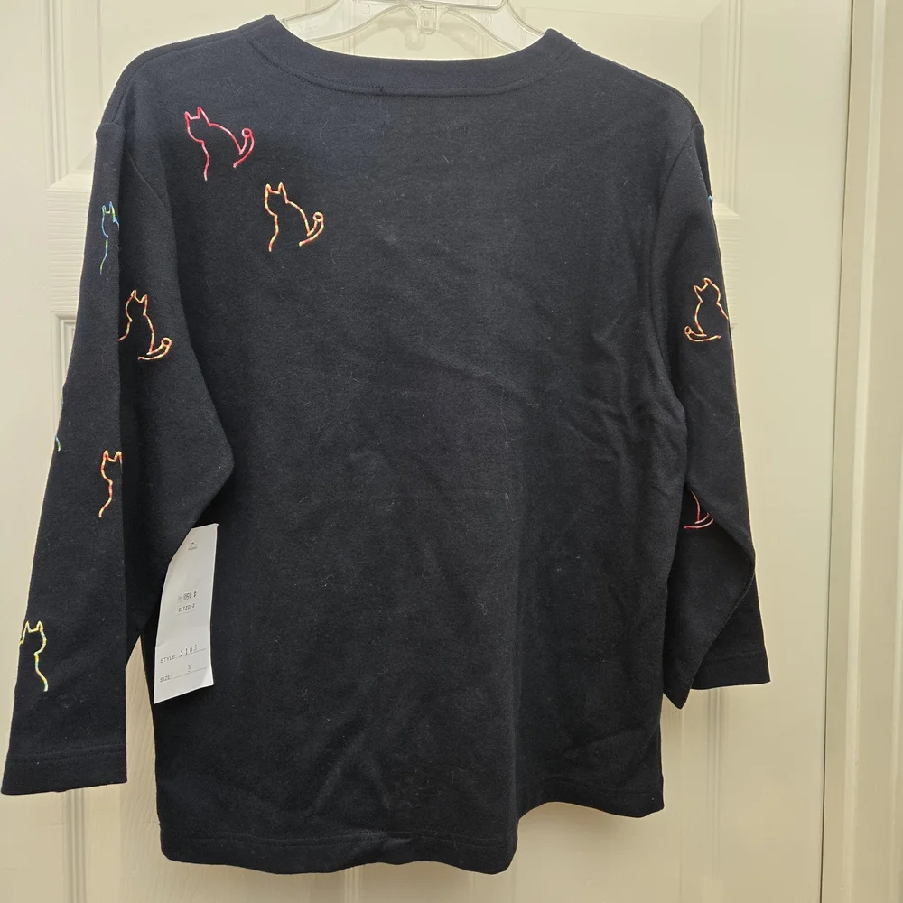 Cat Embroidered Longsleeve Tshirt Size Medium NWT Bobbie C - Picture 3 of 5